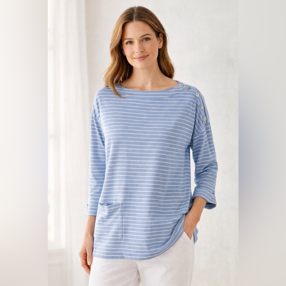 J. Jill Striped Button Shoulder Tee | Blue & White | Size Medium